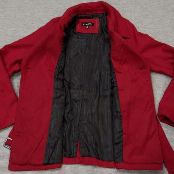 Rue 21 Womens Red Pea Coat Double Breasted Long Sleeve Belted Zip Pockets Size M - Picture 5 of 16